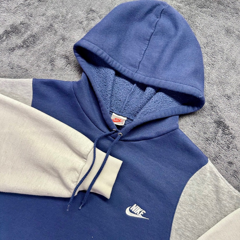Vintage Nike Hoodie XL Navy Blue Grey Colorblock Silver Tag Embroidered 90s Mens